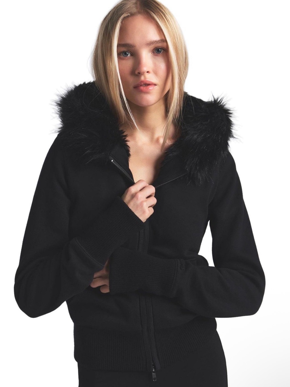 SKIMS NWT Cotton Fleece Fur Lined Zip Up Hoodie Onyx Black Sz Small